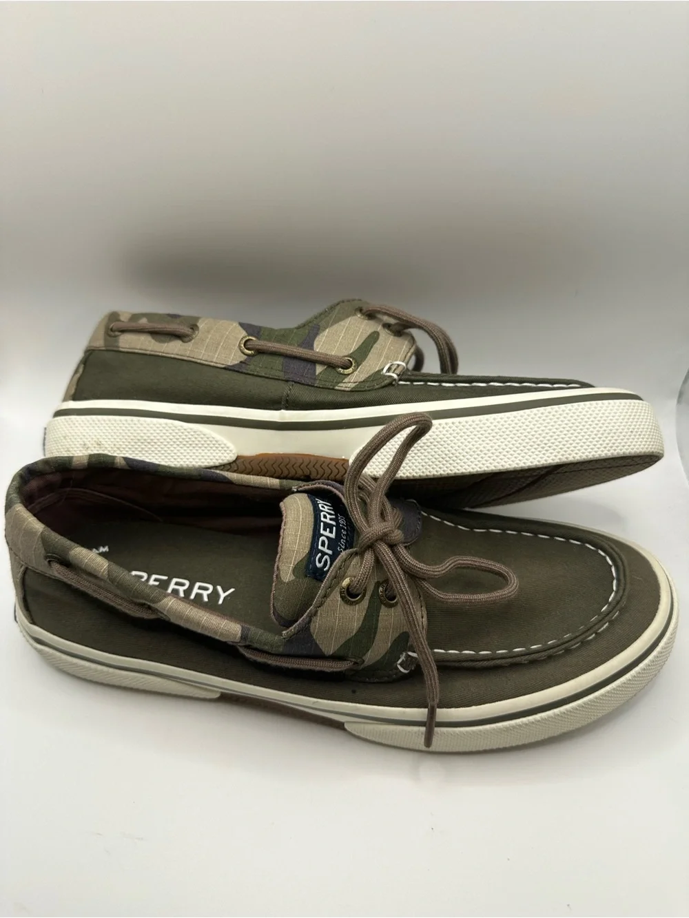 Sperry Olive Canvas Boat Shoes with Camo Trim